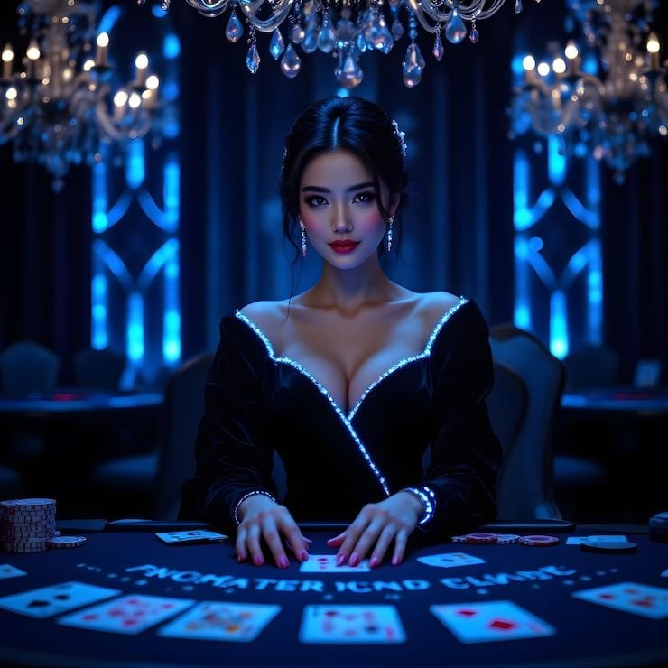 Dealer live casino dengan lampu ambient merah yang menawan